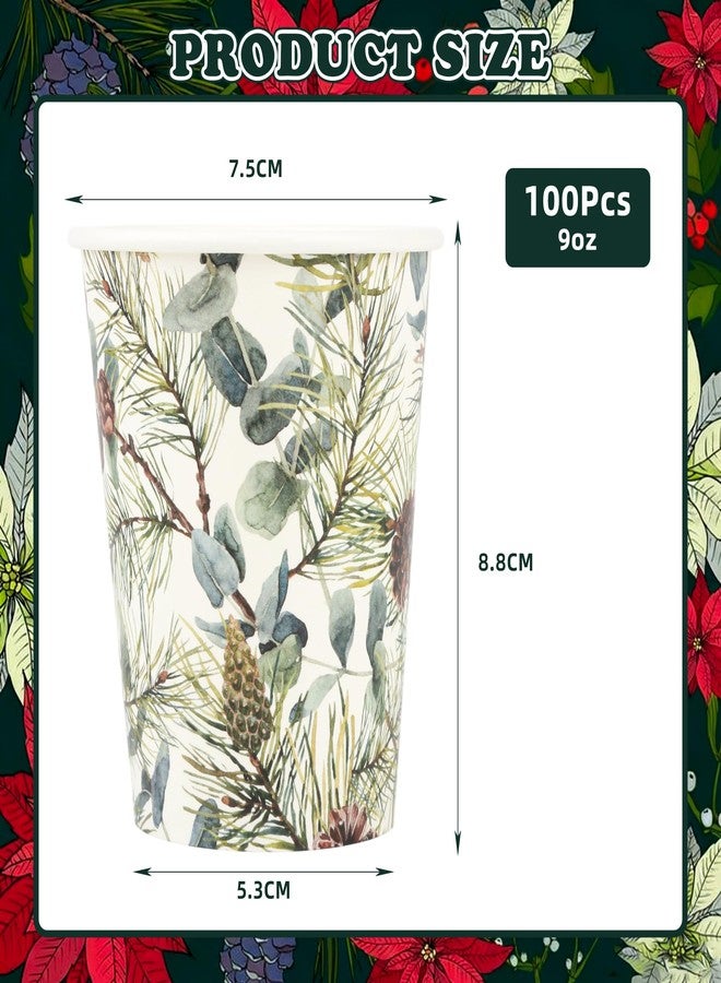 AimFun 100 Pcs Christmas Party Paper Cups Winter Pine Branches Cones and Eucalyptus Disposable Cup Xmas Greenery 9oz Disposable Party Cups for Hot Cold Beverage Coffee Tea Drinks - Image 2